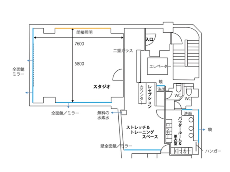 スタジオ、ストレッチスペース、パウダールームの配置図